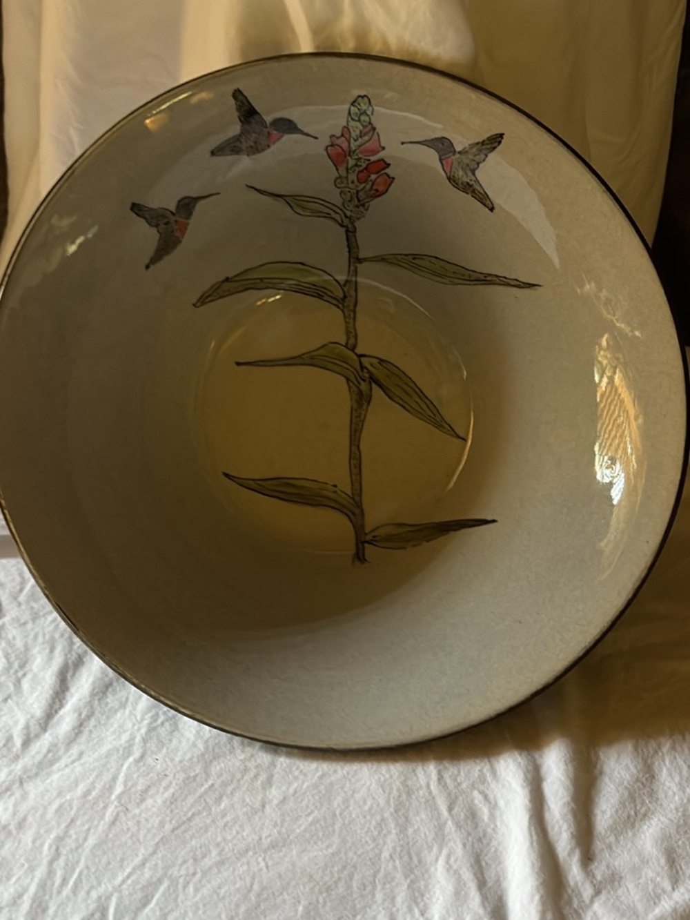 Hand-Painted Hummingbird & Flower Ceramic Bowl - Cream with Green & Pink Accents